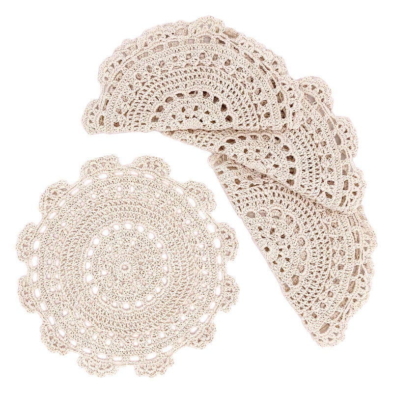 Phantomon 10 Inch Handmade Crochet Round Cotton Lace Table Placemats Doilies Pack of 4, Beige - Image 1